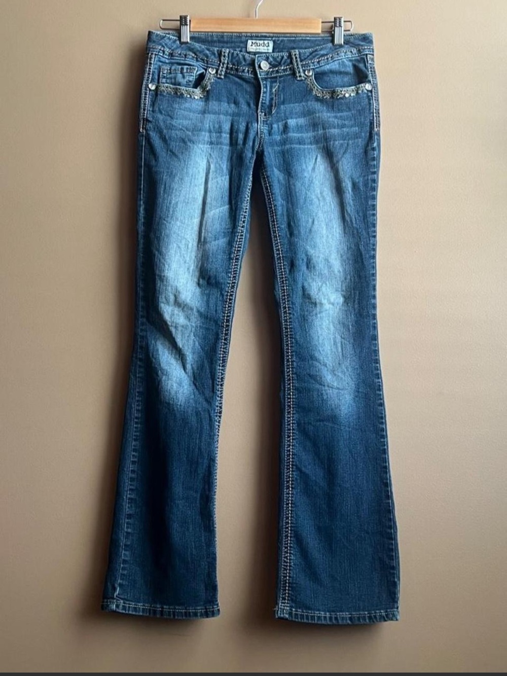 Y2K Mudd low rise embellished and embroidered low rise boot cut jeans.